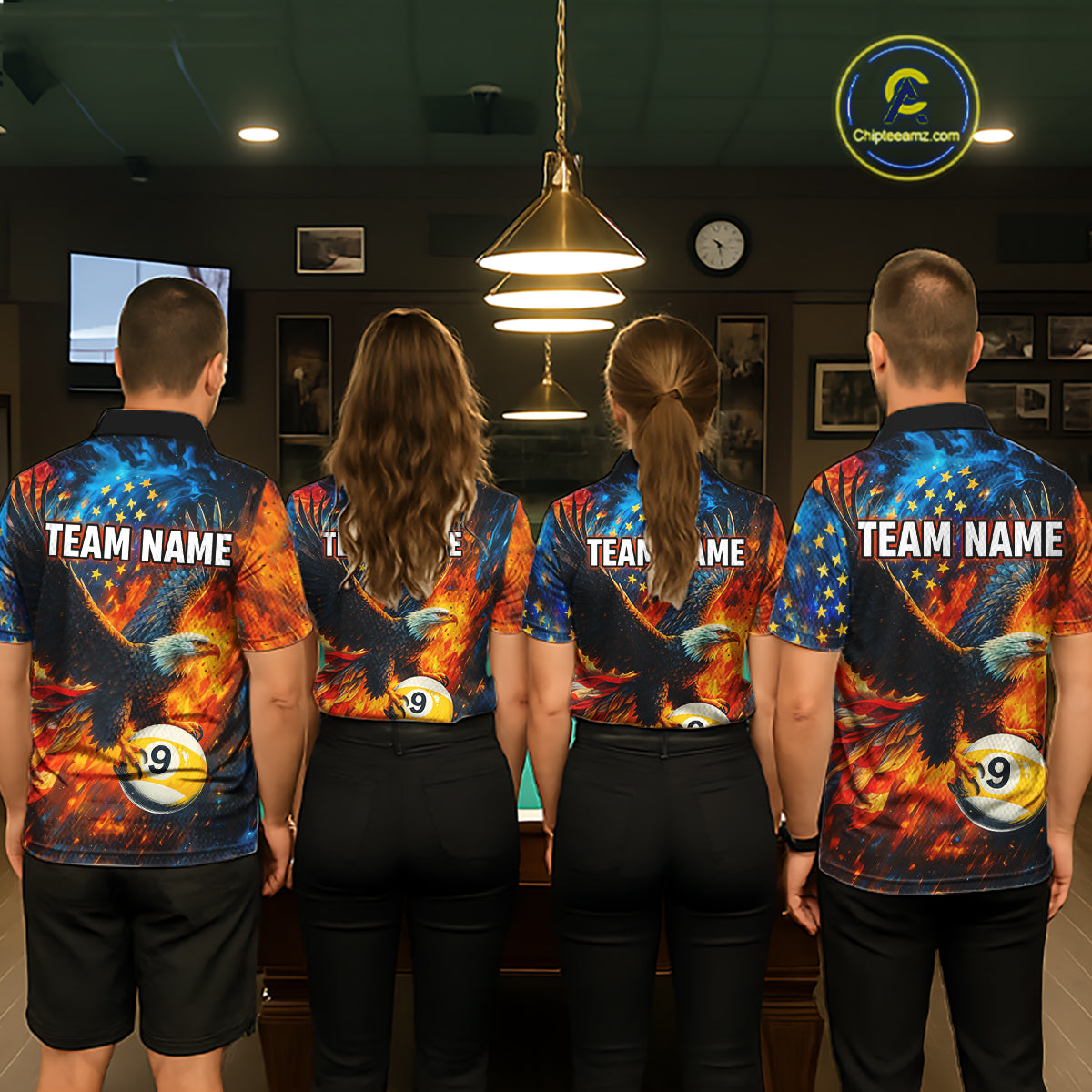 Personalized Orange Flaming US Flag 9 Ball Eagle Billiard Shirt For Men Patriotic Pool Team Jersey TDM7340