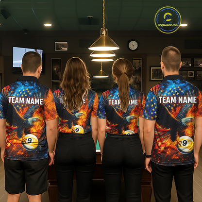 Personalized Orange Flaming US Flag 9 Ball Eagle Billiard Shirt For Men Patriotic Pool Team Jersey TDM7340