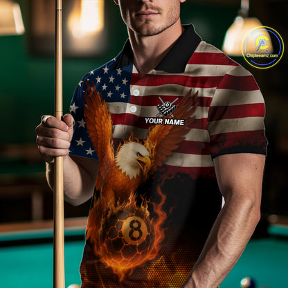 American Flag Eagle Fire 8 Ball Billiard Shirt For Men Custom Patriotic Billiard Pool Team Jersey TDM5087