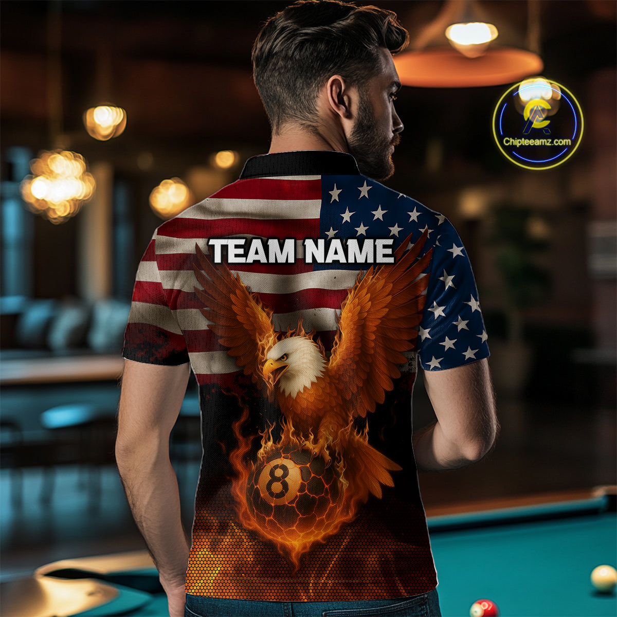 American Flag Eagle Fire 8 Ball Billiard Shirt For Men Custom Patriotic Billiard Pool Team Jersey TDM5087