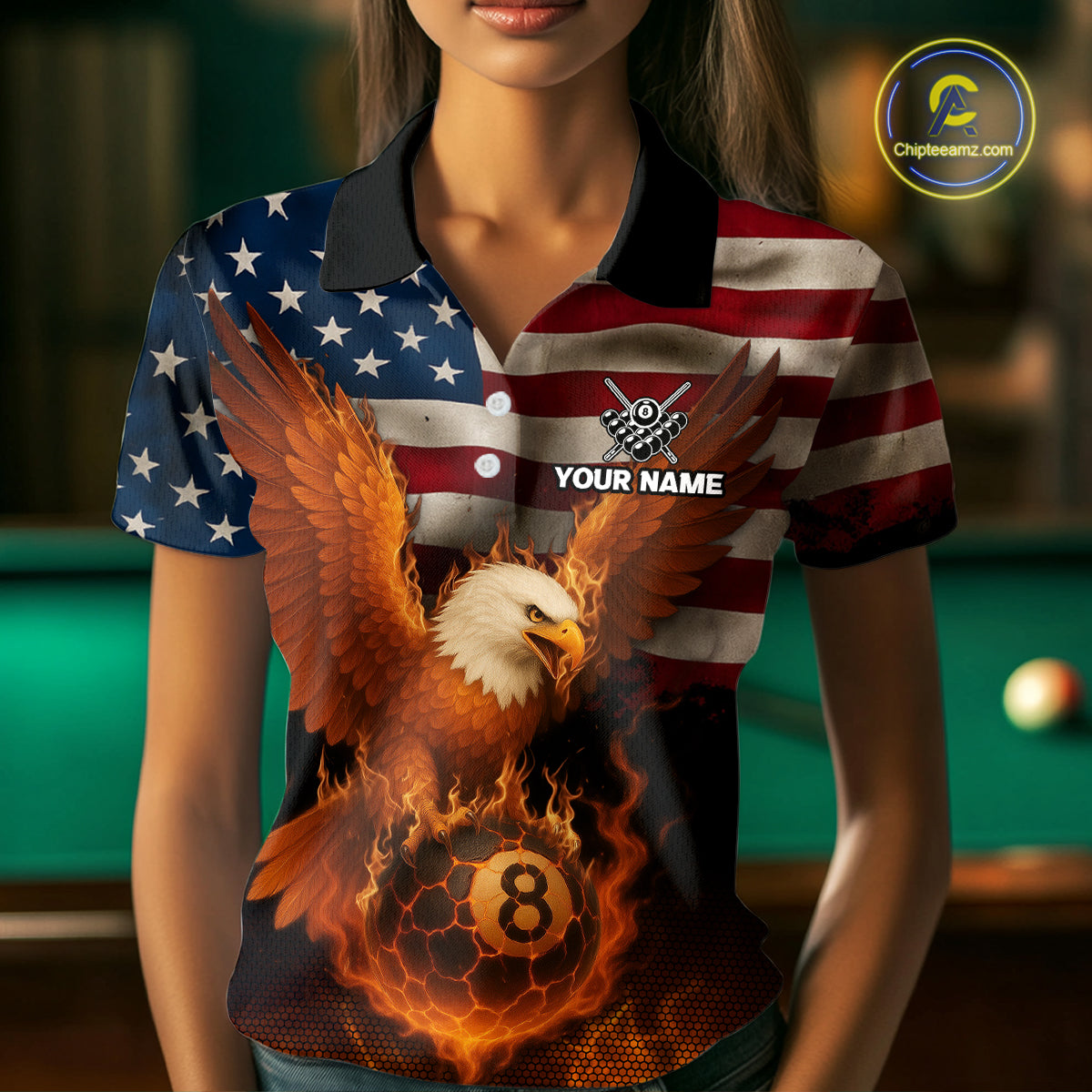 American Flag Eagle Fire 8 Ball Billiard Shirt For Women Custom Patriotic Billiard Pool Team Jersey TDM5087