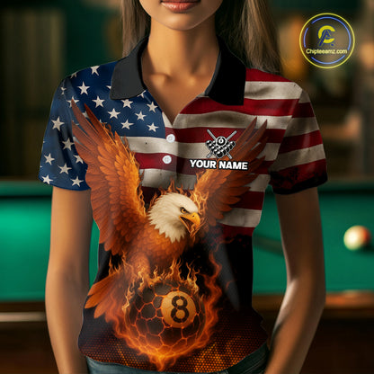 American Flag Eagle Fire 8 Ball Billiard Shirt For Women Custom Patriotic Billiard Pool Team Jersey TDM5087
