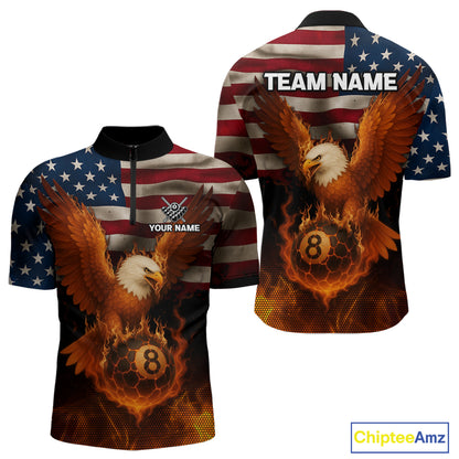 American Flag Eagle Fire 8 Ball Billiard Shirt For Men Custom Patriotic Billiard Pool Team Jersey TDM5087