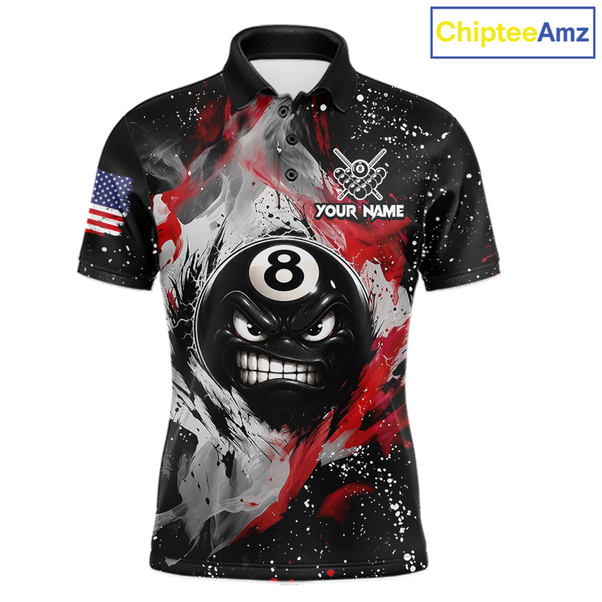 Custom name billiard Polo shirt with 8-ball design and American flag