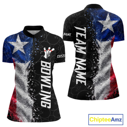 Custom Texas Flag Bowling Shirt, Patriotic Bowling Team Jersey Polo & Quarter Zip For Women TDM7358