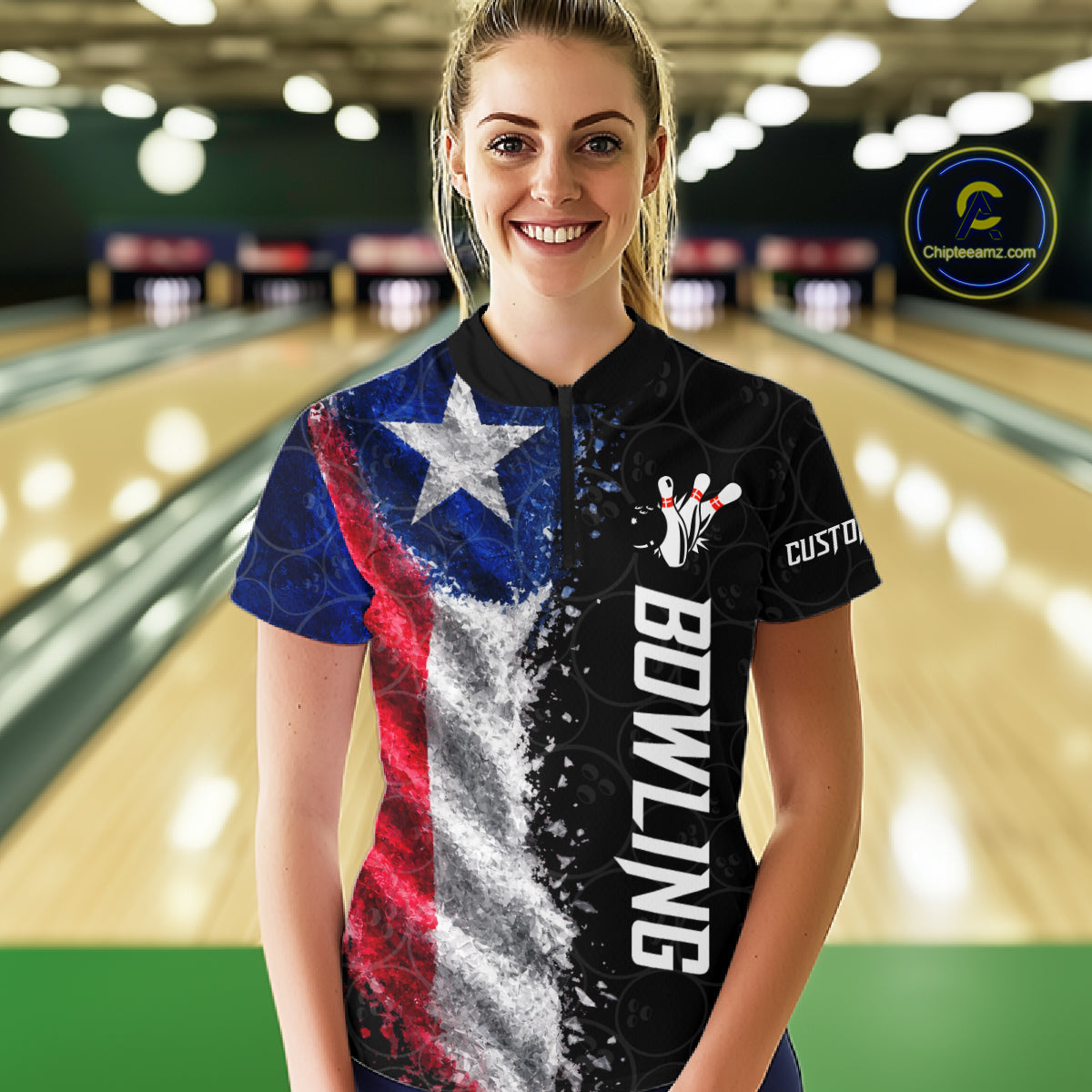 Custom Texas Flag Bowling Shirt, Patriotic Bowling Team Jersey Polo & Quarter Zip For Women TDM7358