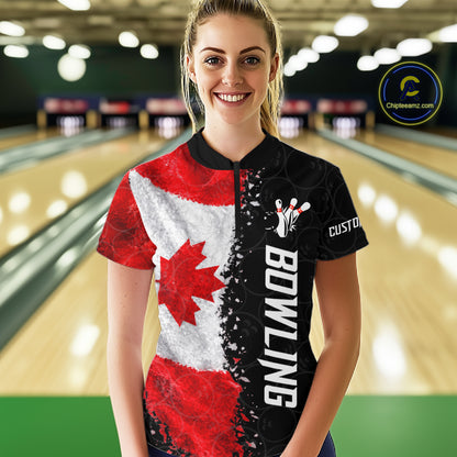 Custom Canada Flag Bowling Shirt, Patriotic Bowling Team Jersey Polo & Quarter Zip For Women TDM7359
