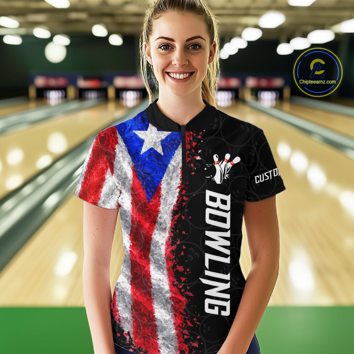Custom Puerto Rico Flag Bowling Shirt, Patriotic Bowling Team Jersey Polo & Quarter Zip For Women TDM7360