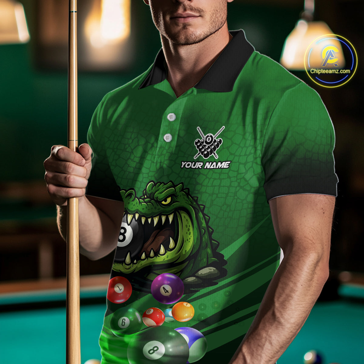 Green Funny Alligator 8 Ball Billiard Shirts For Men Custom Pool Team Jersey Polo & Quarter Zip TDM6621