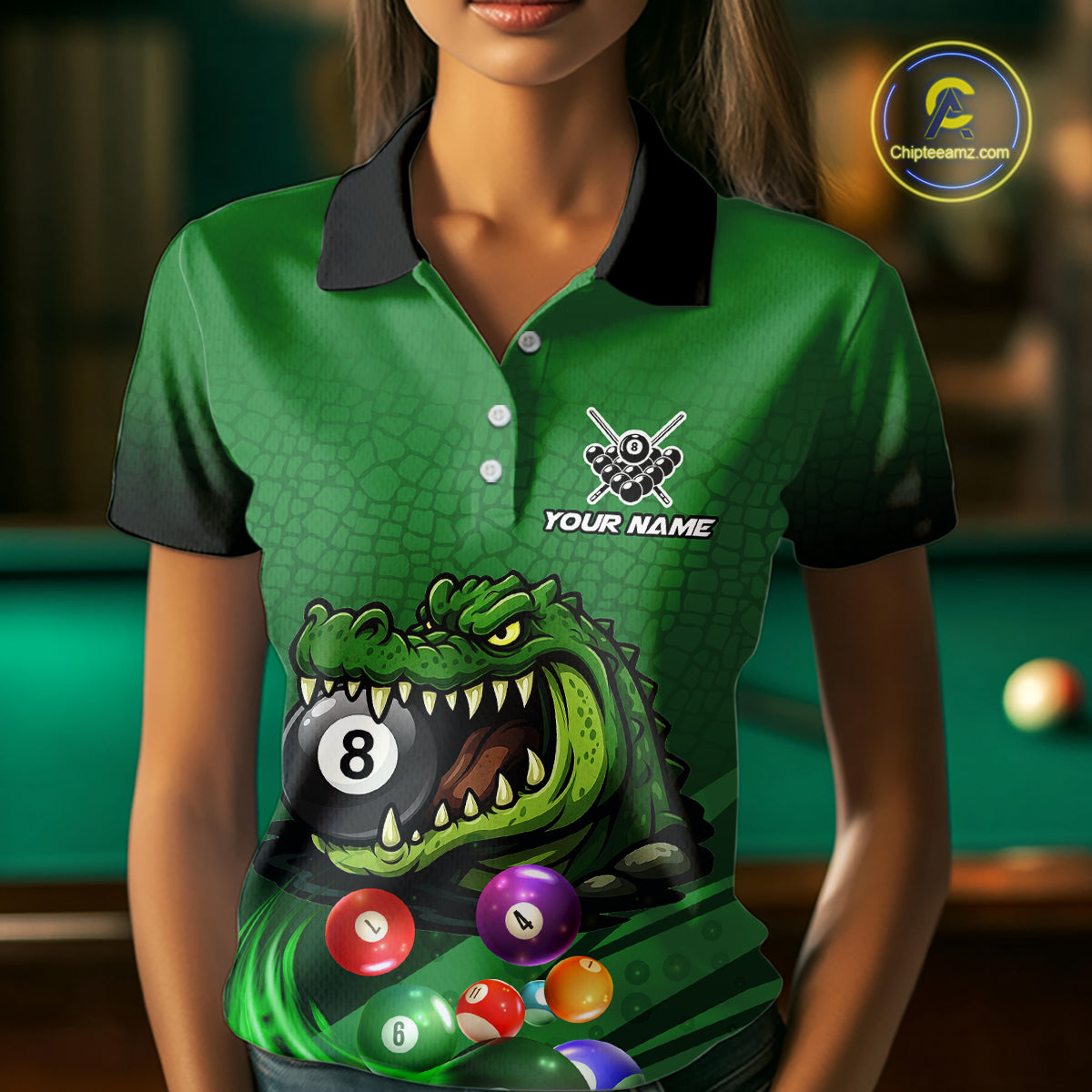 Green Funny Alligator 8 Ball Billiard Shirts For Women Custom Pool Team Jersey Polo & Quarter Zip TDM6621