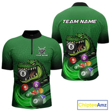 Load image into Gallery viewer, Green quarter zip shirt with an alligator and billiard ball design, featuring customizable "Your Name" and "Team Name" text for a personalized look.