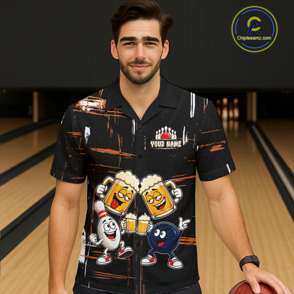 Custom Black And Orange Funny Beer Drunk Hawaiian Bowling Shirts Bowling Team Jersey, Bowling Gifts TDM7375