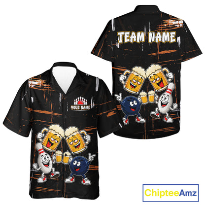 Custom Black And Orange Funny Beer Drunk Hawaiian Bowling Shirts Bowling Team Jersey, Bowling Gifts TDM7375