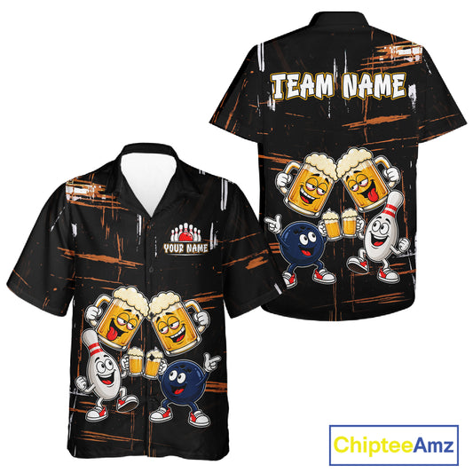 Custom Black And Orange Funny Beer Drunk Hawaiian Bowling Shirts Bowling Team Jersey, Bowling Gifts TDM7375