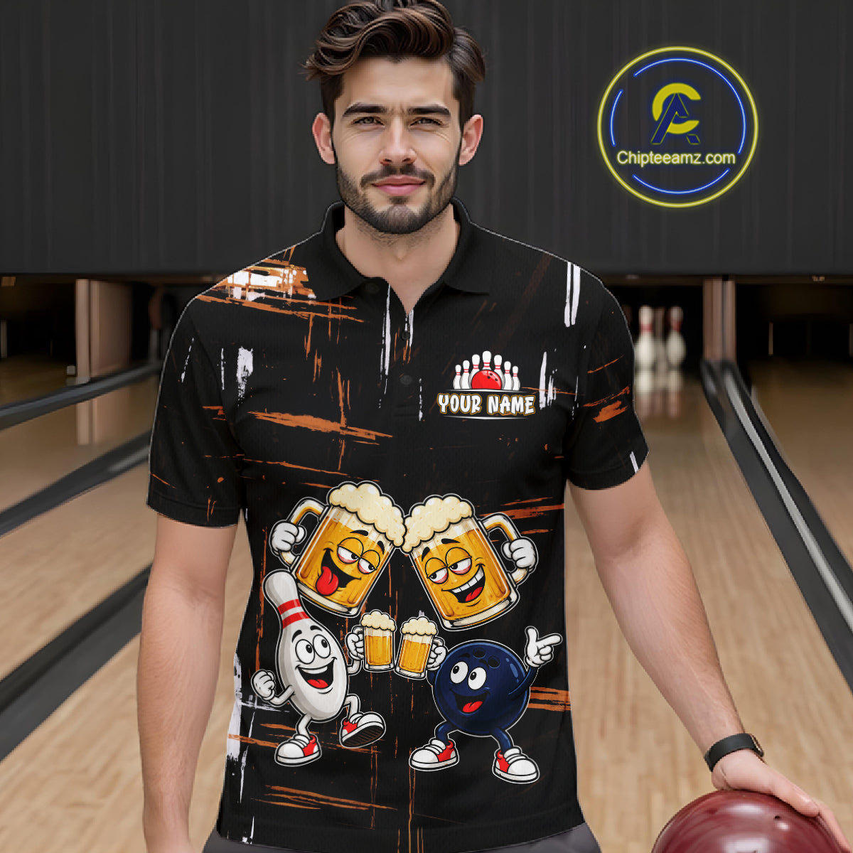 Custom Black And Orange Funny Beer Drunk Bowling Shirts For Men Bowling Team Jersey, Bowling Gifts TDM7375