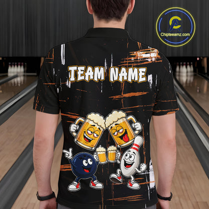 Custom Black And Orange Funny Beer Drunk Bowling Shirts For Men Bowling Team Jersey, Bowling Gifts TDM7375