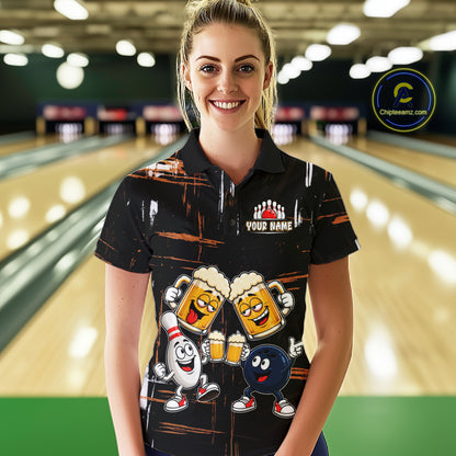 Custom Black And Orange Funny Beer Drunk Bowling Shirts For Women Bowling Team Jersey, Bowling Gifts TDM7375