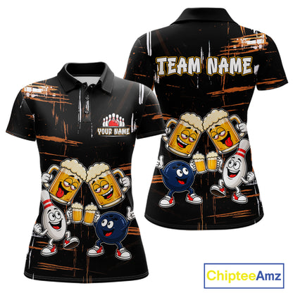 Custom Black And Orange Funny Beer Drunk Bowling Shirts For Women Bowling Team Jersey, Bowling Gifts TDM7375