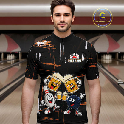 Custom Black And Orange Funny Beer Drunk Bowling Shirts For Men Bowling Team Jersey, Bowling Gifts TDM7375