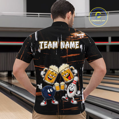 Custom Black And Orange Funny Beer Drunk Bowling Shirts For Men Bowling Team Jersey, Bowling Gifts TDM7375