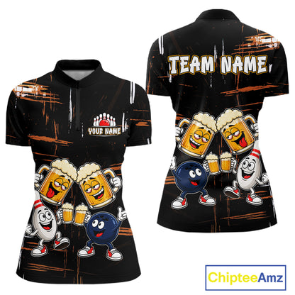 Custom Black And Orange Funny Beer Drunk Bowling Shirts For Women Bowling Team Jersey, Bowling Gifts TDM7375