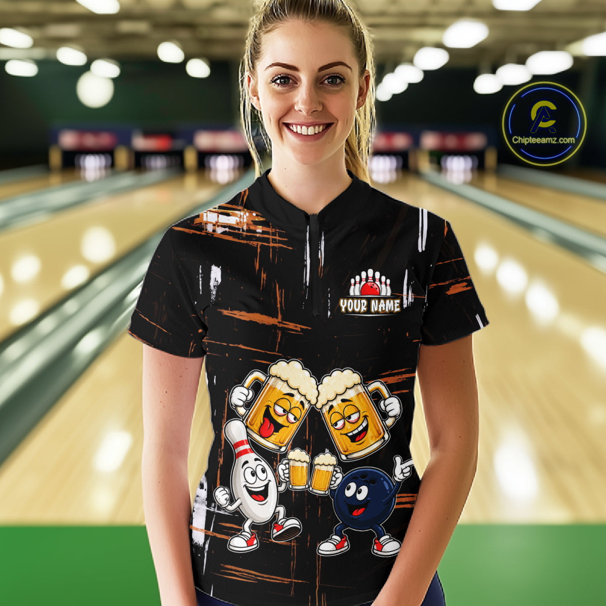 Custom Black And Orange Funny Beer Drunk Bowling Shirts For Women Bowling Team Jersey, Bowling Gifts TDM7375