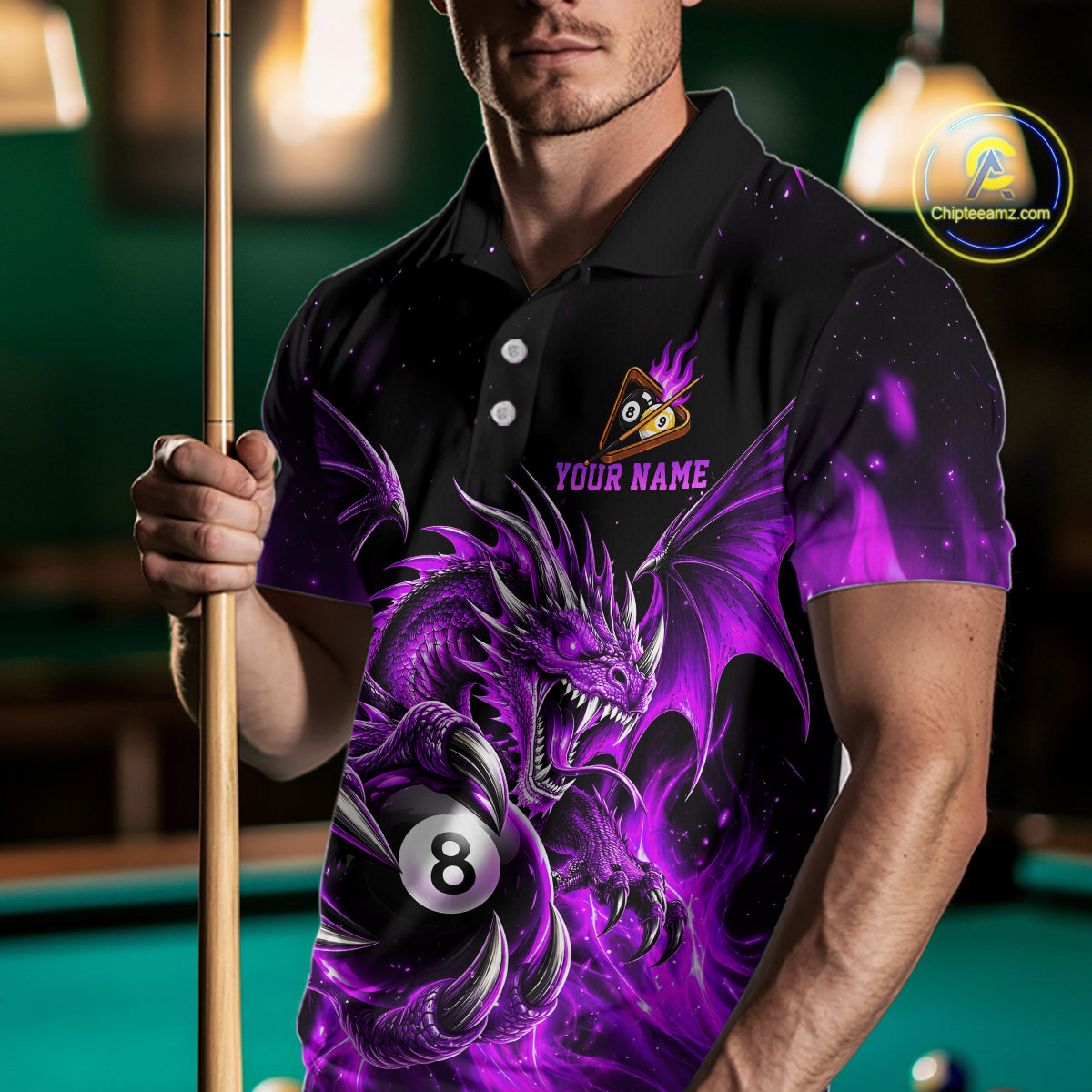 Purple Flaming 8 Ball & 9 Ball Dragon Billiard Shirts for Men Custom Pool Team Jersey Polo & 1/4 Zip TDM8007