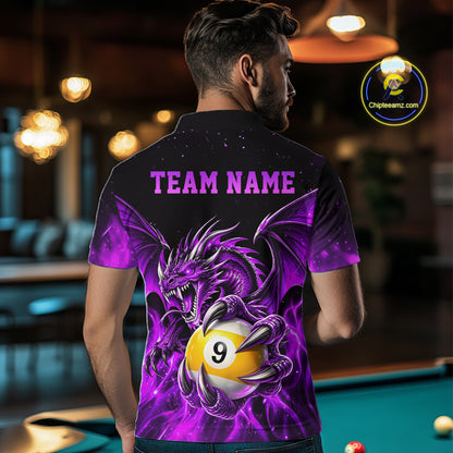 Purple Flaming 8 Ball & 9 Ball Dragon Billiard Shirts for Men Custom Pool Team Jersey Polo & 1/4 Zip TDM8007