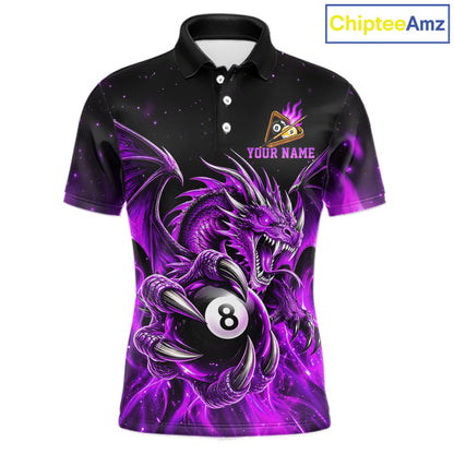 Purple Flaming 8 Ball & 9 Ball Dragon Billiard Shirts for Men Custom Pool Team Jersey Polo & 1/4 Zip TDM8007