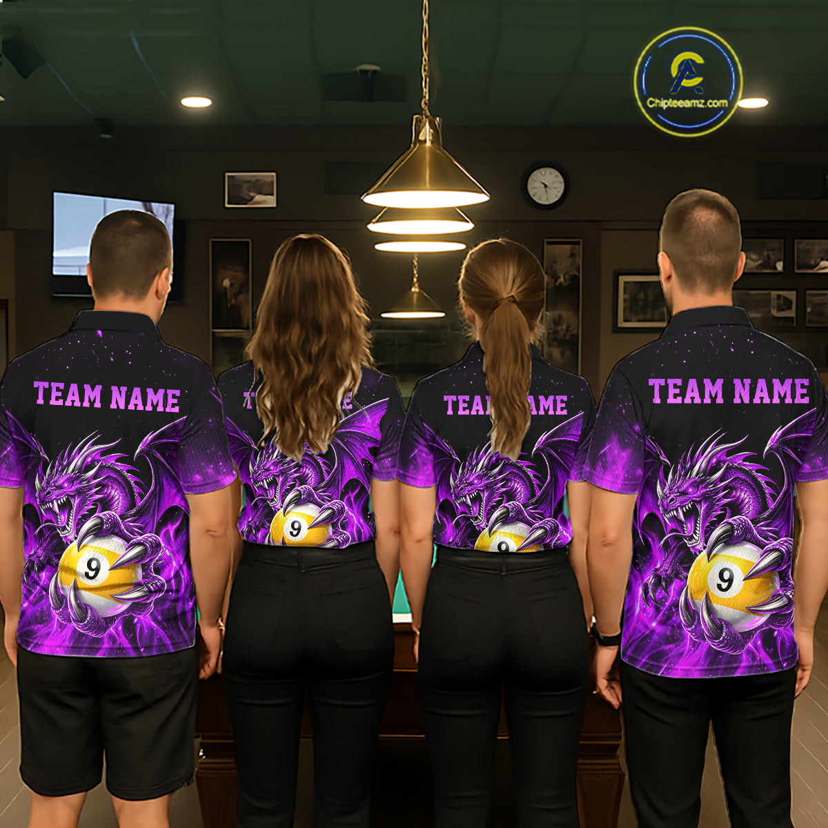 Purple Flaming 8 Ball & 9 Ball Dragon Billiard Shirts for Men Custom Pool Team Jersey Polo & 1/4 Zip TDM8007