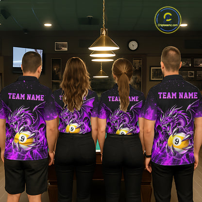 Purple Flaming 8 Ball & 9 Ball Dragon Billiard Shirts for Men Custom Pool Team Jersey Polo & 1/4 Zip TDM8007