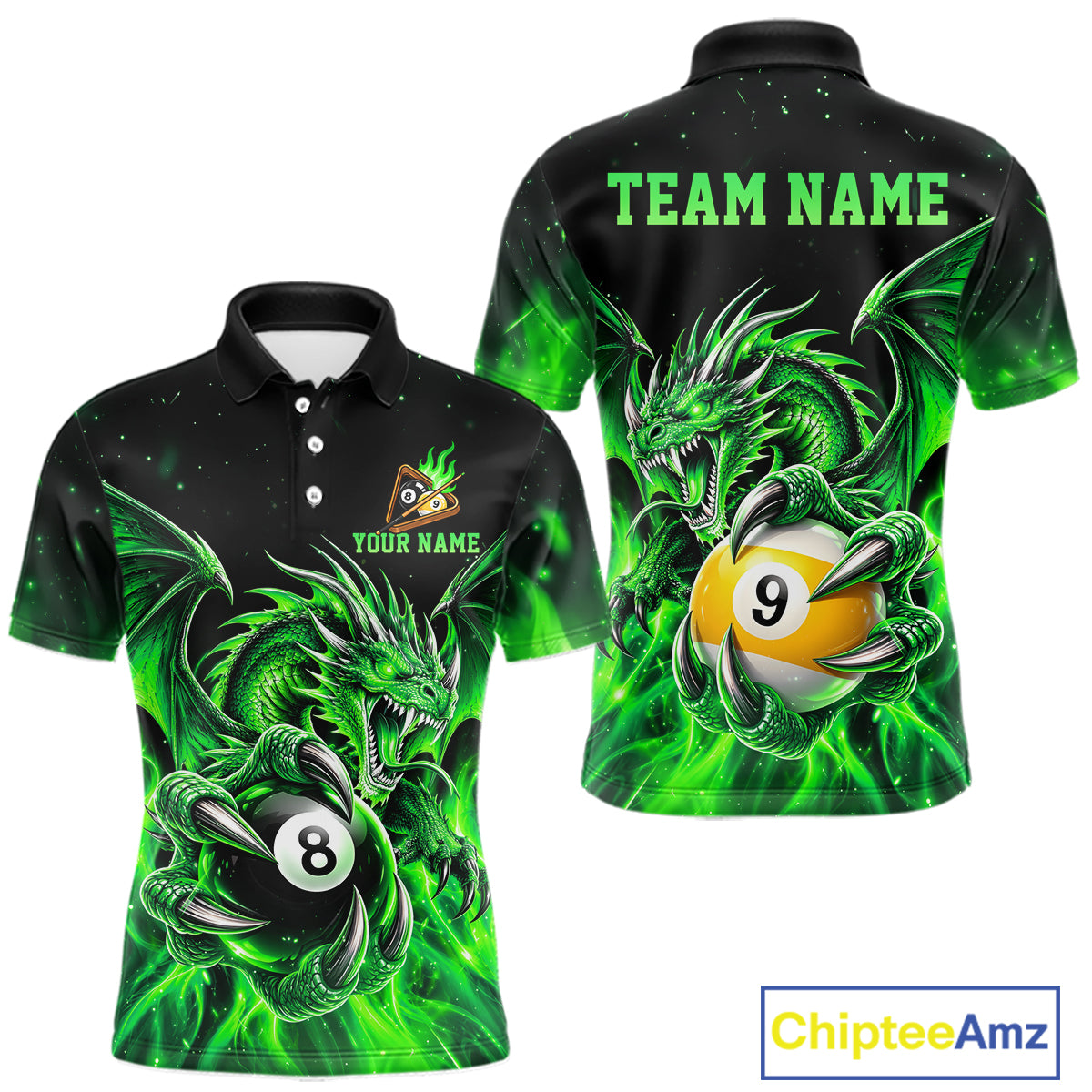 Green Flaming 8 Ball & 9 Ball Dragon Billiard Shirts for Men Custom Pool Team Jersey Polo & 1/4 Zip TDM8008