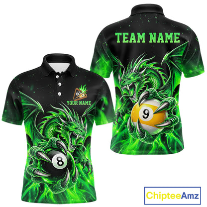 Green Flaming 8 Ball & 9 Ball Dragon Billiard Shirts for Men Custom Pool Team Jersey Polo & 1/4 Zip TDM8008