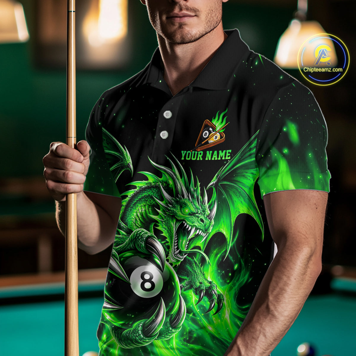 Green Flaming 8 Ball & 9 Ball Dragon Billiard Shirts for Men Custom Pool Team Jersey Polo & 1/4 Zip TDM8008