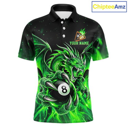 Green Flaming 8 Ball & 9 Ball Dragon Billiard Shirts for Men Custom Pool Team Jersey Polo & 1/4 Zip TDM8008