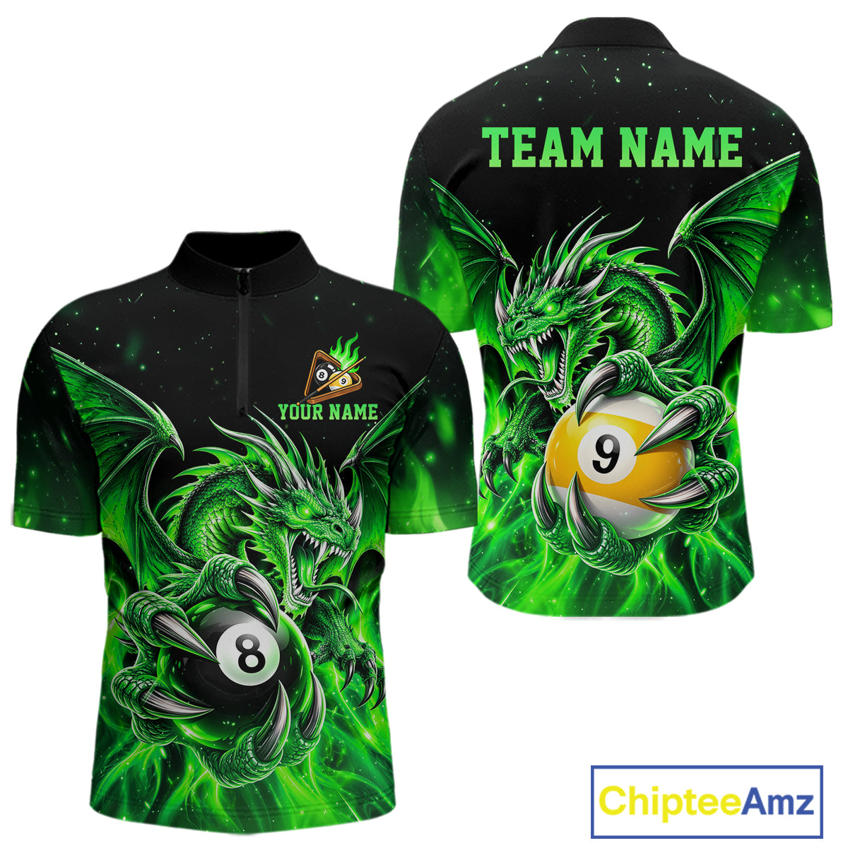 Green Flaming 8 Ball & 9 Ball Dragon Billiard Shirts for Men Custom Pool Team Jersey Polo & 1/4 Zip TDM8008