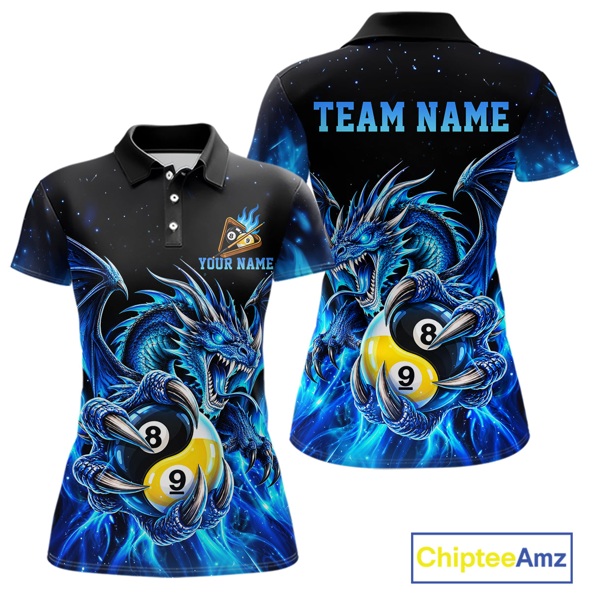 Blue Flaming Yin-Yang Dragon Billiard Shirts for Women Custom 8 Ball & 9 Ball Pool Team Jersey TDM8009