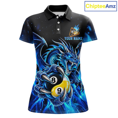 Blue Flaming Yin-Yang Dragon Billiard Shirts for Women Custom 8 Ball & 9 Ball Pool Team Jersey TDM8009