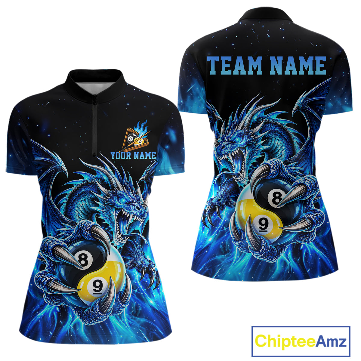 Blue Flaming Yin-Yang Dragon Billiard Shirts for Women Custom 8 Ball & 9 Ball Pool Team Jersey TDM8009