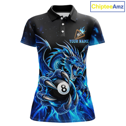 Blue Flaming 8 Ball Billiard Dragon Pool Shirts for Women Custom Billiard Team Jersey Polo & 1/4 Zip TDM8010