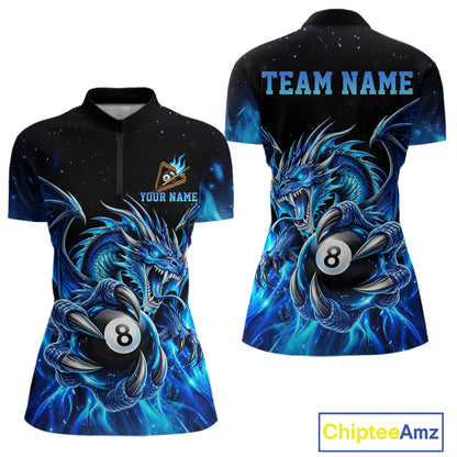 Blue Flaming 8 Ball Billiard Dragon Pool Shirts for Women Custom Billiard Team Jersey Polo & 1/4 Zip TDM8010
