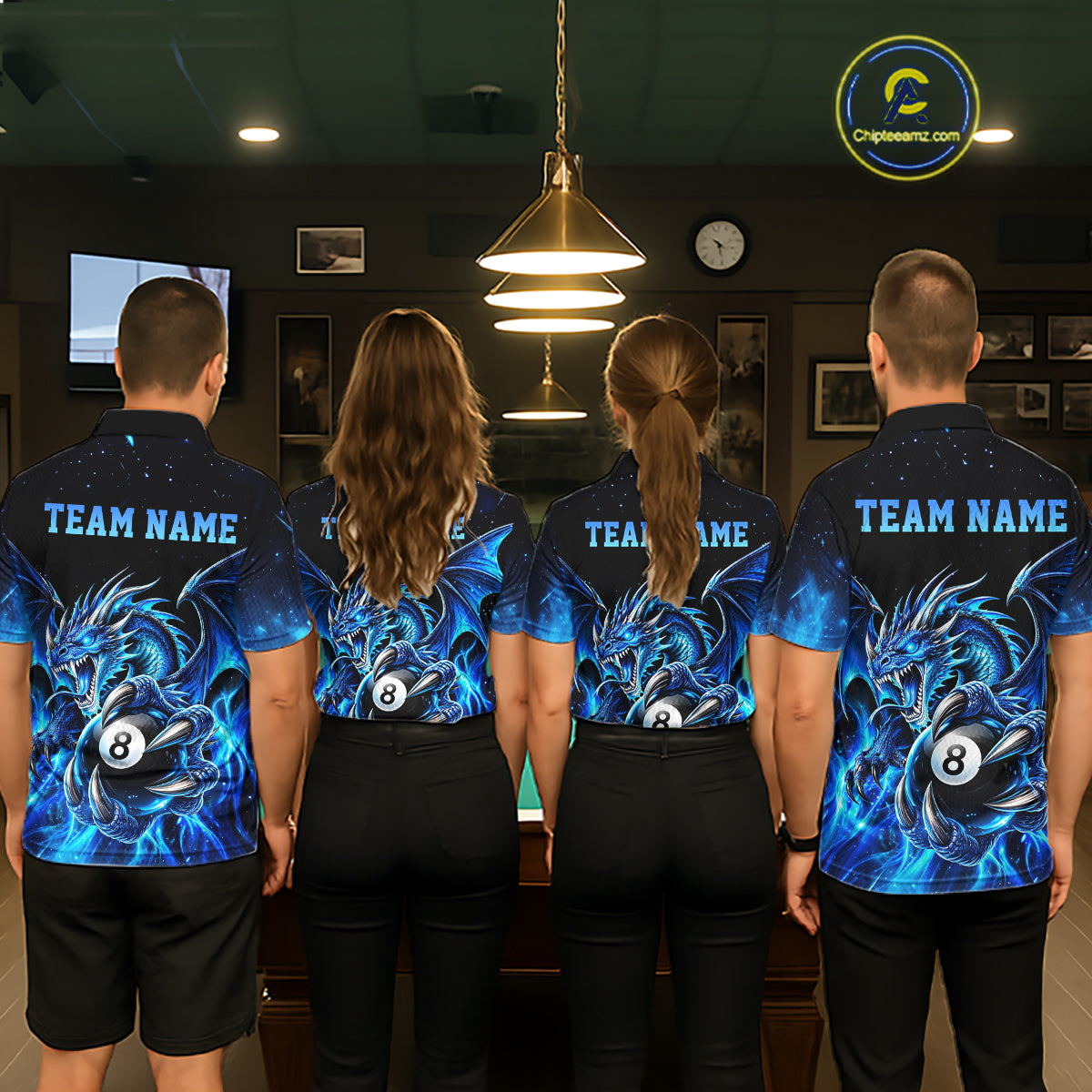 Blue Flaming 8 Ball Billiard Dragon Pool Shirts for Women Custom Billiard Team Jersey Polo & 1/4 Zip TDM8010
