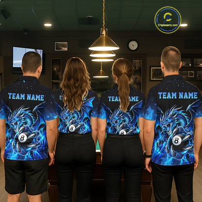 Blue Flaming 8 Ball Billiard Dragon Pool Shirts for Women Custom Billiard Team Jersey Polo & 1/4 Zip TDM8010