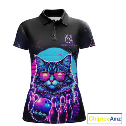 Funny Cat Retro Neon Bowling Shirt For Women Custom Bowling Team Jersey Polo & Quarter Zip TDM5817