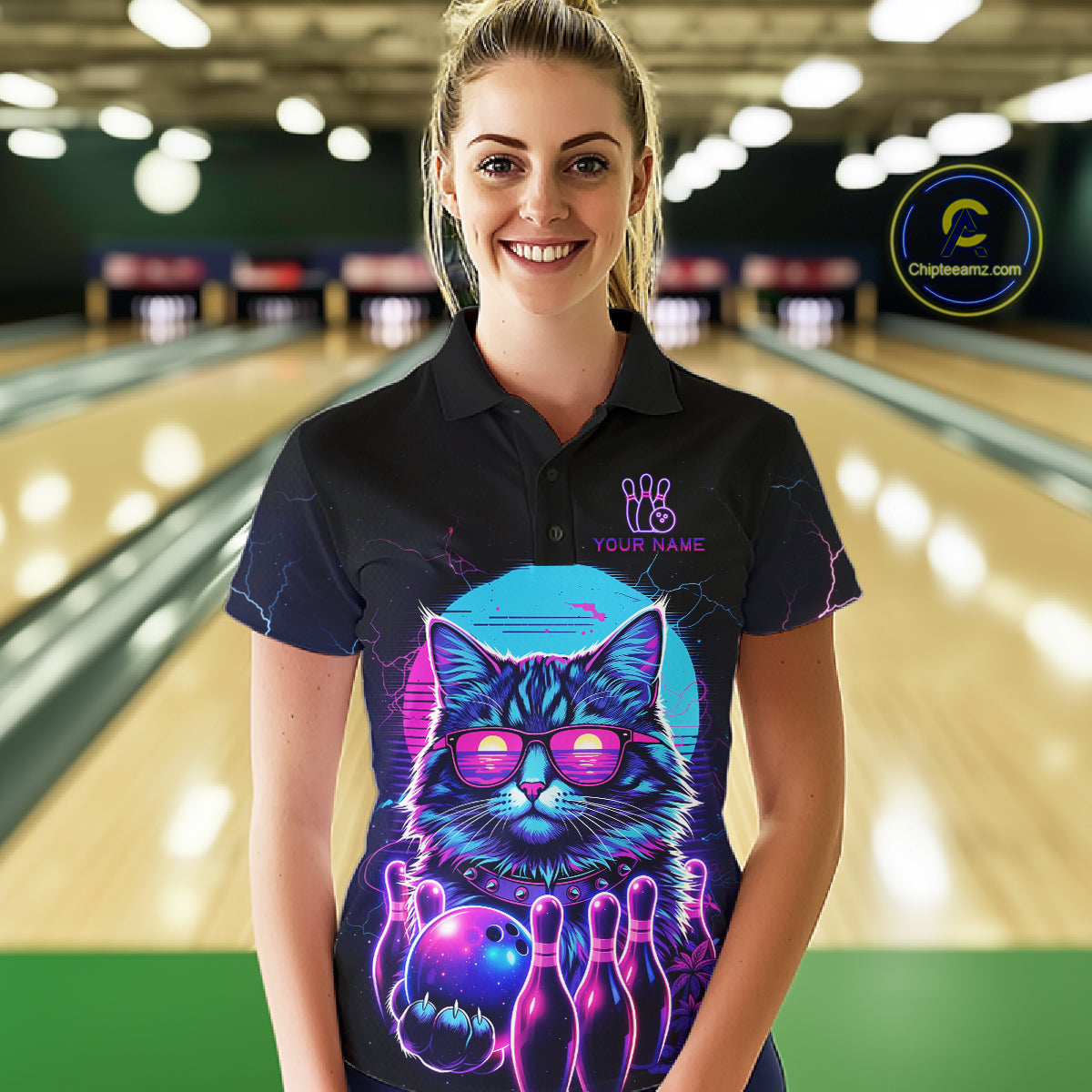 Funny Cat Retro Neon Bowling Shirt For Women Custom Bowling Team Jersey Polo & Quarter Zip TDM5817