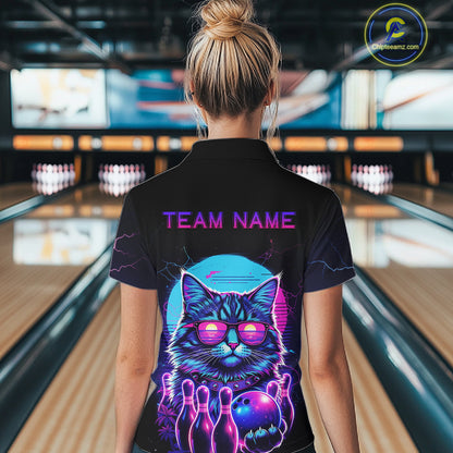Funny Cat Retro Neon Bowling Shirt For Women Custom Bowling Team Jersey Polo & Quarter Zip TDM5817
