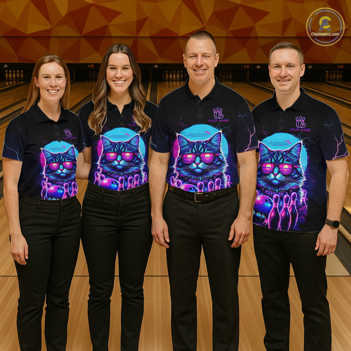 Funny Cat Retro Neon Bowling Shirt For Women Custom Bowling Team Jersey Polo & Quarter Zip TDM5817