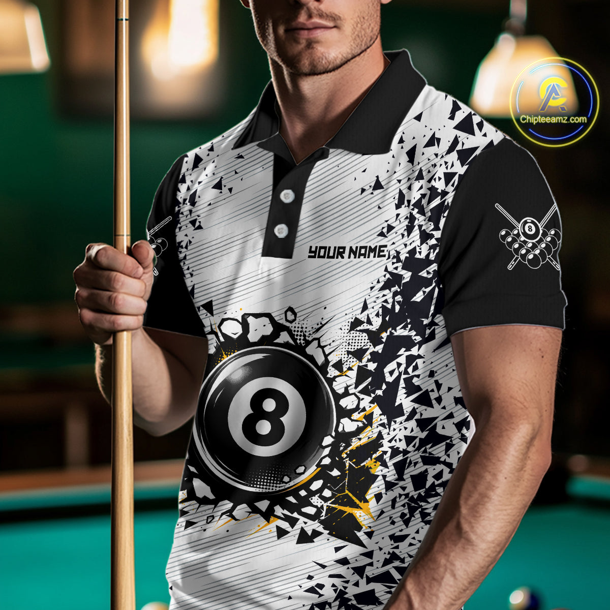 Man wearing a funny crack 8 ball billiard jersey front view, custom pool team shirt.