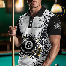 Load image into Gallery viewer, Man wearing a funny crack 8 ball billiard jersey front view, custom pool team shirt.