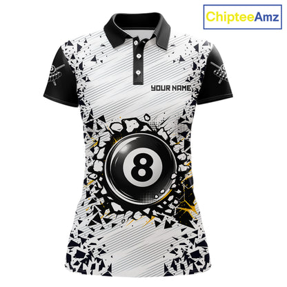Funny crack 8 ball custom billiard polo shirt for women, pool team jersey and tournament apparel.